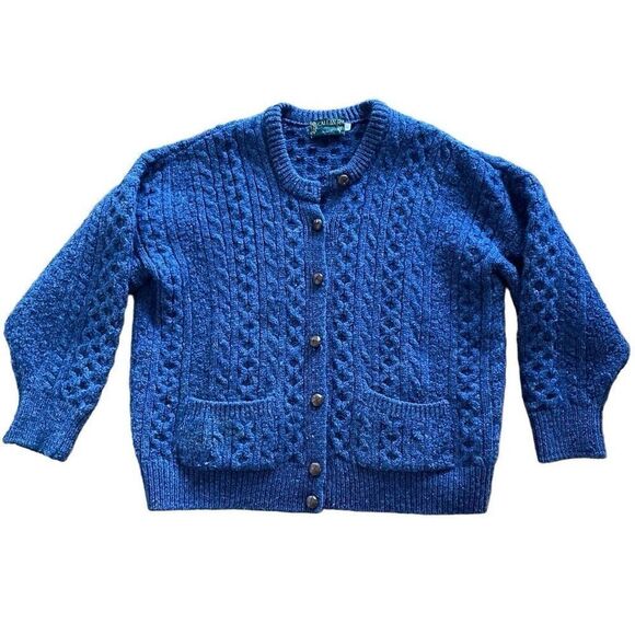 Callan Ireland Cardigan L Blue Marled Fisherman Leather Button 100% Wool Grandpa - Picture 1 of 6